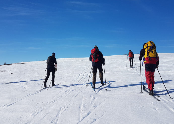 En vennegjeng på skitur under blå himmel.