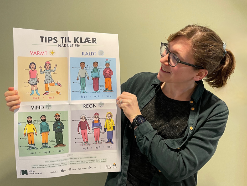 Prosjektleder Erika Wollner viser fram klesplakaten.